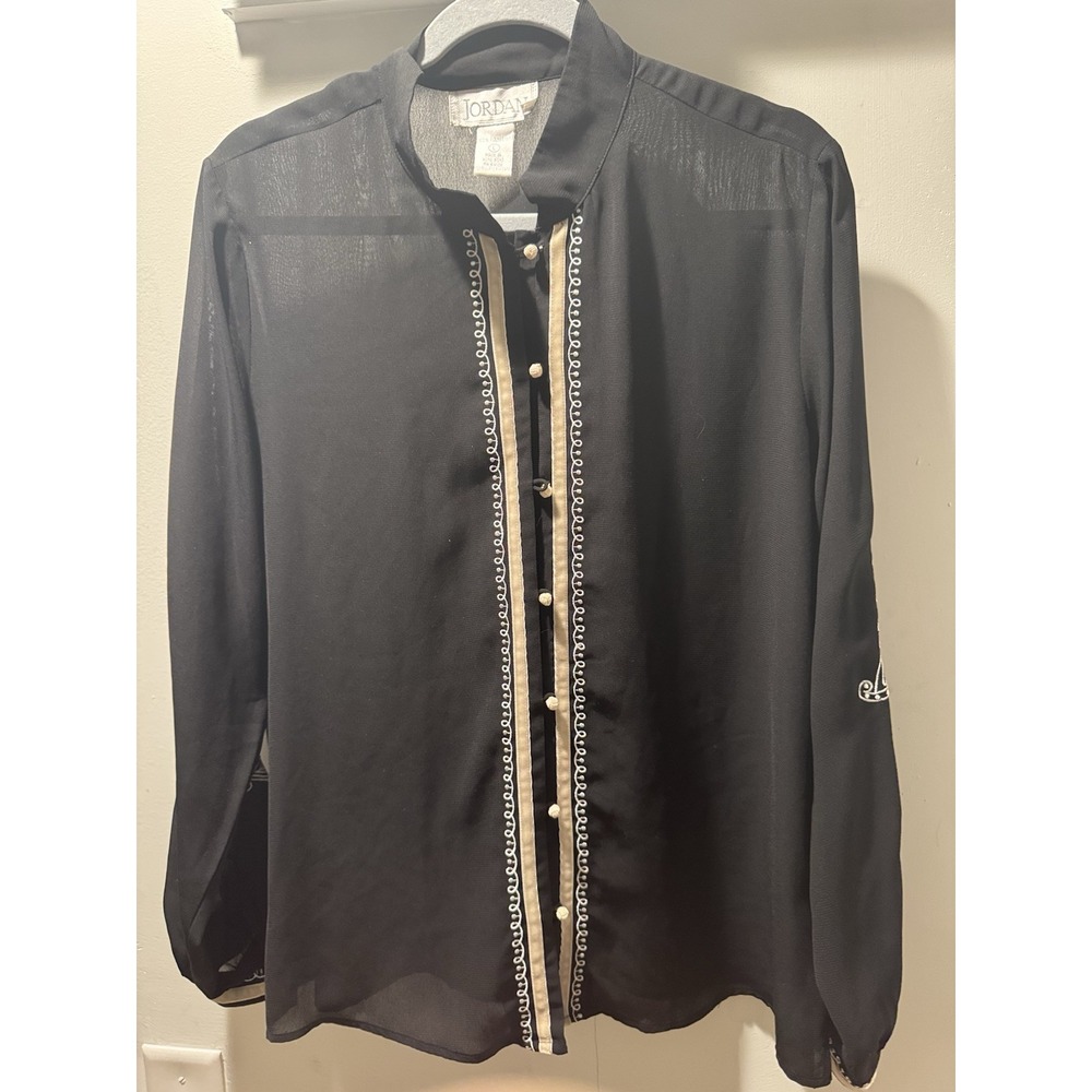 Jordan Women's Sheer Button Up Blouse Long Sleeve Sheer Embellished Embrodiery L
